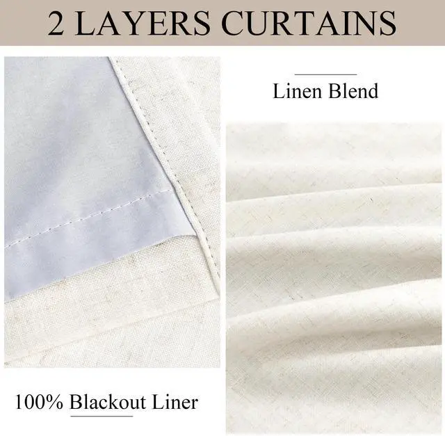 Alt view image 2 of 7 - 100% Blackout Pinch Pleated Curtains Linen 90 Inches Long for Bedroom 2 Panels Set Full Black Out Thermal Insulated Curtain Natural Boho Farmhouse Pinch Pleat Double Layer Room Darkening Drapes Cream