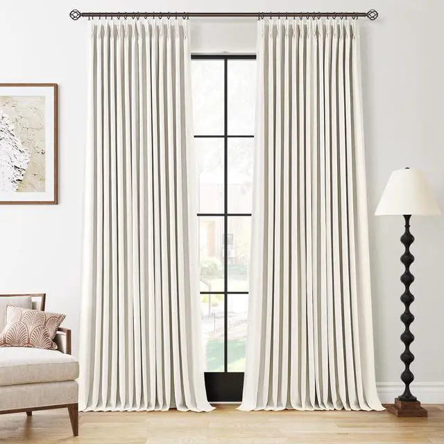 Main image of 100% Blackout Pinch Pleated Curtains Linen 90 Inches Long for Bedroom 2 Panels Set Full Black Out Thermal Insulated Curtain Natural Boho Farmhouse Pinch Pleat Double Layer Room Darkening Drapes Cream