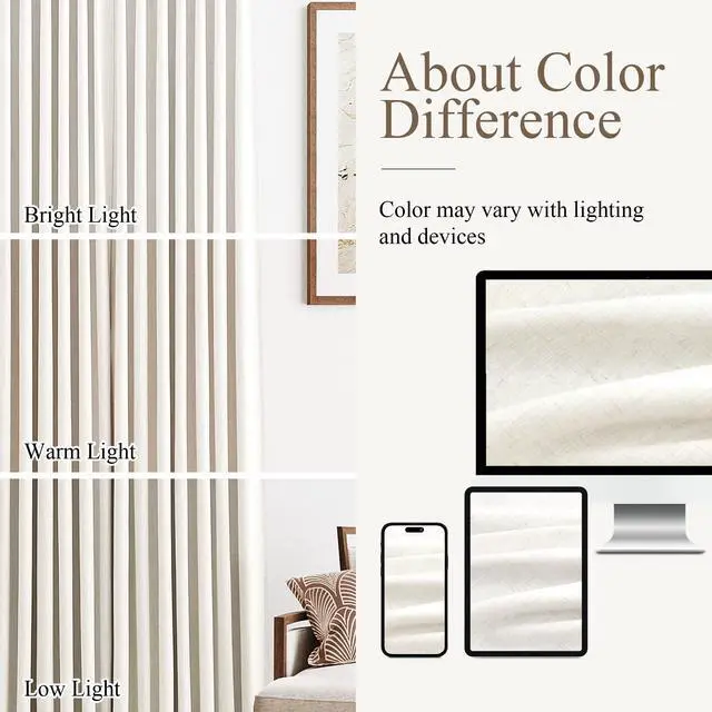 Alt view image 6 of 7 - 100% Blackout Pinch Pleated Curtains Linen 90 Inches Long for Bedroom 2 Panels Set Full Black Out Thermal Insulated Curtain Natural Boho Farmhouse Pinch Pleat Double Layer Room Darkening Drapes Cream