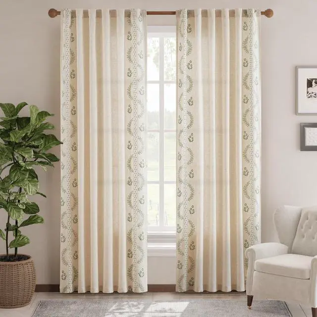 Alt view image 3 of 7 - Belrose Linen Curtains for Bedroom Floral Curtains 84 Inch Length Linen Blend Sage Green Embroidered Drapes Farmhouse Flower Patterned Drapes for Living Room Window Treatments Set 2 Panels