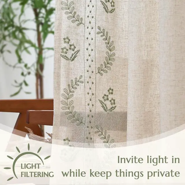Alt view image 6 of 7 - Belrose Linen Curtains for Bedroom Floral Curtains 84 Inch Length Linen Blend Sage Green Embroidered Drapes Farmhouse Flower Patterned Drapes for Living Room Window Treatments Set 2 Panels