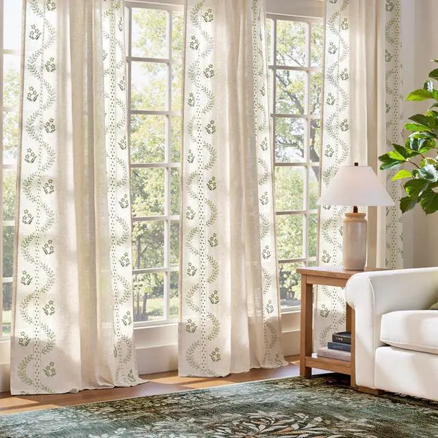 Alt view image 4 of 7 - Belrose Linen Curtains for Bedroom Floral Curtains 84 Inch Length Linen Blend Sage Green Embroidered Drapes Farmhouse Flower Patterned Drapes for Living Room Window Treatments Set 2 Panels