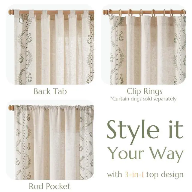 Alt view image 7 of 7 - Belrose Linen Curtains for Bedroom Floral Curtains 84 Inch Length Linen Blend Sage Green Embroidered Drapes Farmhouse Flower Patterned Drapes for Living Room Window Treatments Set 2 Panels
