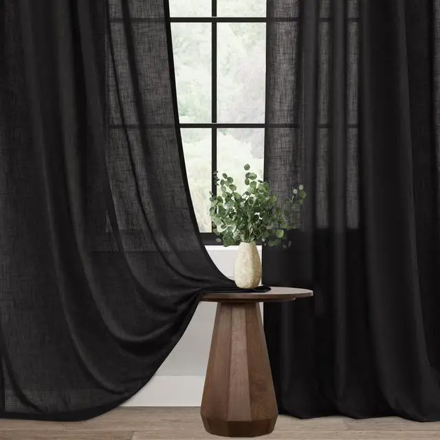 Alt view image 3 of 6 - Black Linen Curtains 102 inches Long for Bedroom Back Tab Light Filtering Privacy Semi Sheer Black Curtains Living Room Boho Rustic Farmhouse Cotton Textured Gauze Curtain 2 Panel Set