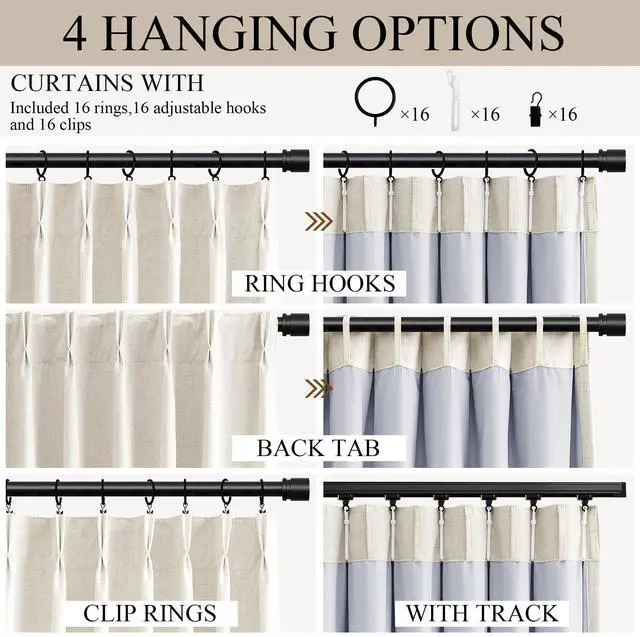 Alt view image 7 of 7 - 100% Blackout Pinch Pleated Curtains Linen 90 Inches Long for Bedroom 2 Panels Set Full Black Out Thermal Insulated Curtain Natural Boho Farmhouse Pinch Pleat Double Layer Room Darkening Drapes Cream