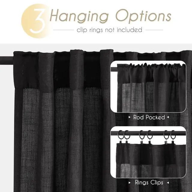 Alt view image 5 of 6 - Black Linen Curtains 102 inches Long for Bedroom Back Tab Light Filtering Privacy Semi Sheer Black Curtains Living Room Boho Rustic Farmhouse Cotton Textured Gauze Curtain 2 Panel Set