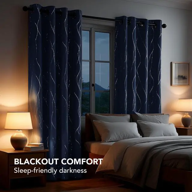 Alt view image 4 of 7 - Blackout Curtains, Navy Blue Thermal Insulated Grommet Drapes, Silver Wave Dots Foil Print, Room Darkening Drapes, 52" W x 84" L, 2 Panels, for Bedroom Living Room