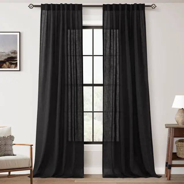Main image of Black Linen Curtains 102 inches Long for Bedroom Back Tab Light Filtering Privacy Semi Sheer Black Curtains Living Room Boho Rustic Farmhouse Cotton Textured Gauze Curtain 2 Panel Set