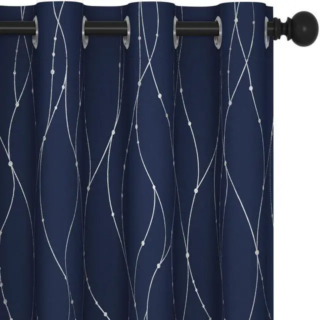 Main image of Blackout Curtains, Navy Blue Thermal Insulated Grommet Drapes, Silver Wave Dots Foil Print, Room Darkening Drapes, 52" W x 84" L, 2 Panels, for Bedroom Living Room