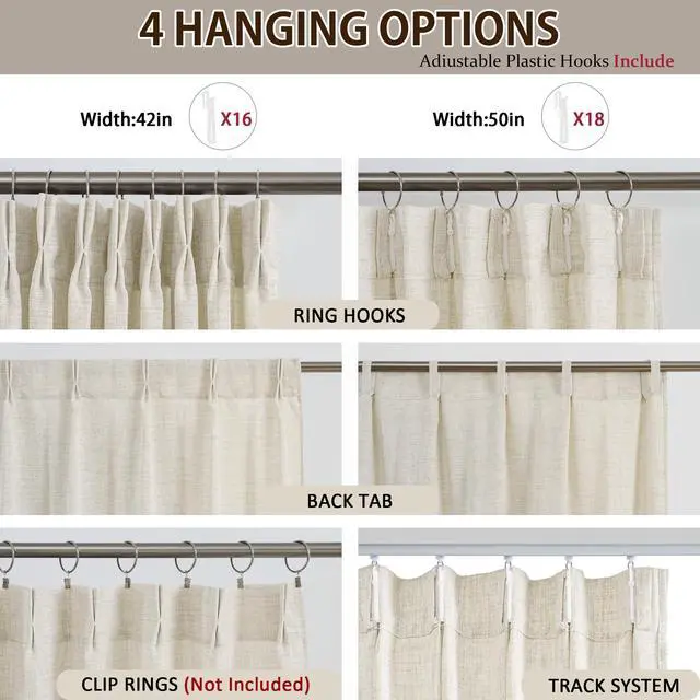 Alt view image 2 of 7 - Linen Pinch Pleated Curtains 90 Inches Long Set of 2, 42 Inch Wide Semi Sheer Light Filtering Drapes for Bedroom Living Room Home Decor,Back Tab Panels with Hooks,W42 x L90,Natural Color