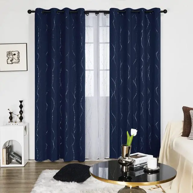 Alt view image 5 of 7 - Blackout Curtains, Navy Blue Thermal Insulated Grommet Drapes, Silver Wave Dots Foil Print, Room Darkening Drapes, 52" W x 84" L, 2 Panels, for Bedroom Living Room