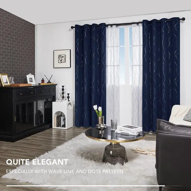 Alt view image 2 of 7 - Blackout Curtains, Navy Blue Thermal Insulated Grommet Drapes, Silver Wave Dots Foil Print, Room Darkening Drapes, 52" W x 84" L, 2 Panels, for Bedroom Living Room