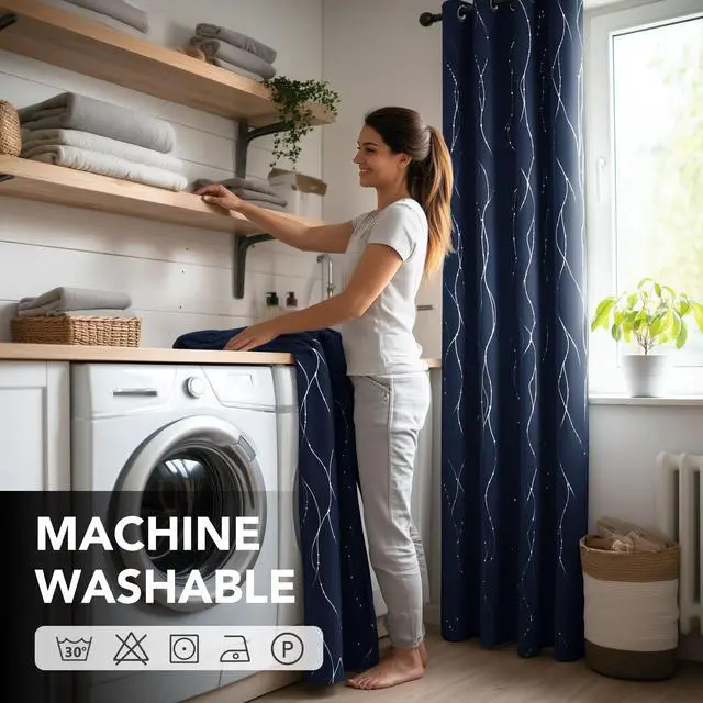 Alt view image 7 of 7 - Blackout Curtains, Navy Blue Thermal Insulated Grommet Drapes, Silver Wave Dots Foil Print, Room Darkening Drapes, 52" W x 84" L, 2 Panels, for Bedroom Living Room