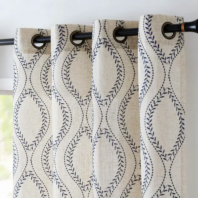 Main image of Boho Linen Blend Beige Farmhouse Curtains 84 Inch Length 2 Panels Set Blue Embroidered Leaf Living Room Ogee Geometry Drapes Light Filtering Curtains Grommet Blue on Flax