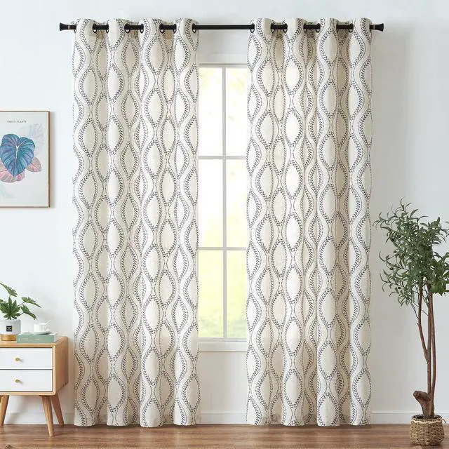 Alt view image 2 of 7 - Boho Linen Blend Beige Farmhouse Curtains 84 Inch Length 2 Panels Set Blue Embroidered Leaf Living Room Ogee Geometry Drapes Light Filtering Curtains Grommet Blue on Flax