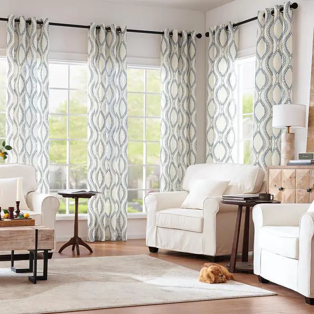 Alt view image 3 of 7 - Boho Linen Blend Beige Farmhouse Curtains 84 Inch Length 2 Panels Set Blue Embroidered Leaf Living Room Ogee Geometry Drapes Light Filtering Curtains Grommet Blue on Flax