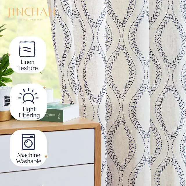 Alt view image 4 of 7 - Boho Linen Blend Beige Farmhouse Curtains 84 Inch Length 2 Panels Set Blue Embroidered Leaf Living Room Ogee Geometry Drapes Light Filtering Curtains Grommet Blue on Flax