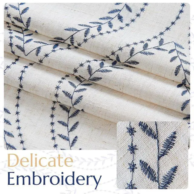 Alt view image 5 of 7 - Boho Linen Blend Beige Farmhouse Curtains 84 Inch Length 2 Panels Set Blue Embroidered Leaf Living Room Ogee Geometry Drapes Light Filtering Curtains Grommet Blue on Flax