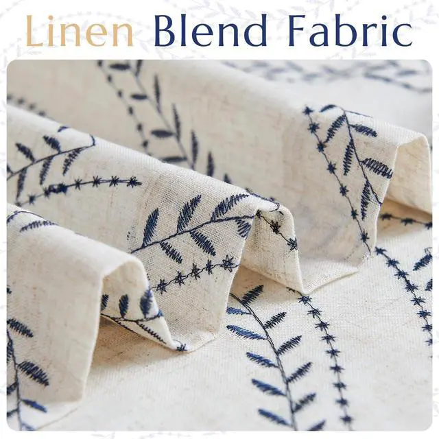 Alt view image 6 of 7 - Boho Linen Blend Beige Farmhouse Curtains 84 Inch Length 2 Panels Set Blue Embroidered Leaf Living Room Ogee Geometry Drapes Light Filtering Curtains Grommet Blue on Flax