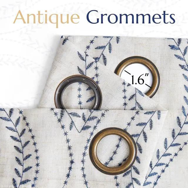 Alt view image 7 of 7 - Boho Linen Blend Beige Farmhouse Curtains 84 Inch Length 2 Panels Set Blue Embroidered Leaf Living Room Ogee Geometry Drapes Light Filtering Curtains Grommet Blue on Flax