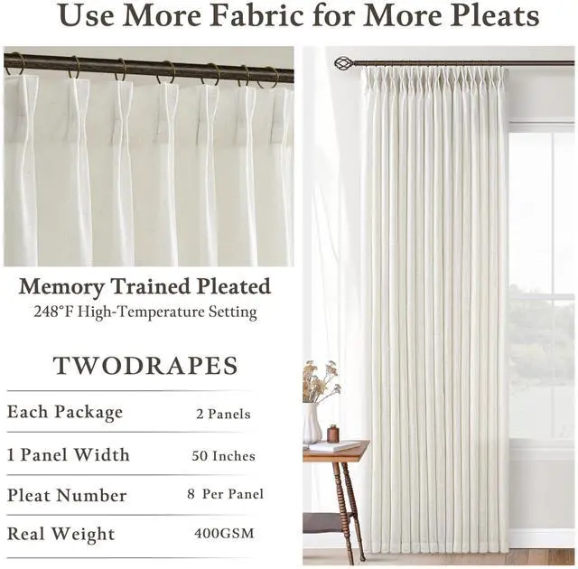 Alt view image 4 of 7 - Pinch Pleated 90 Inch Linen Curtains 2 Panels Set for Living Room Pinch Pleat Drapes Track System Memory Trained Light Filtering Semi Sheer Curtain 90 Inches Long for Dining Bedroom Office W50xL90