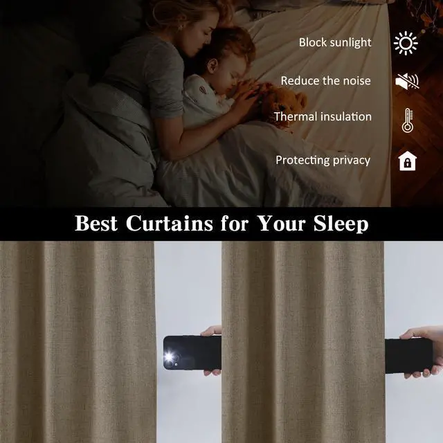Alt view image 3 of 7 - Linen Brown Room Darkening Curtains for Living Room,Pinch Pleated Back Tab Drapes with Hooks,Linen Burlap Thermal Insulated Noise Reducing Window Curtain Panels for Bedroom,W50 x L96, 2 Panels