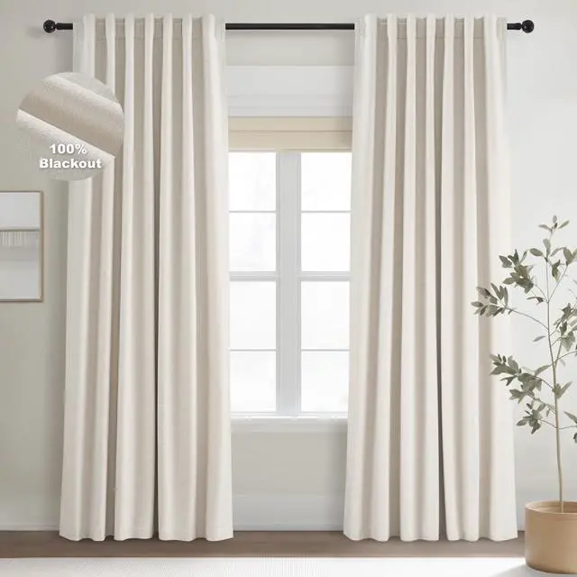 Main image of 90 Inches Long Full Blackout Linen Curtains for Bedroom, Pinch Pleat Black Out Curtains, Viral Farmhouse Modern Lined Track Drapes 2 Panels Set for Living Room Sliding Door Winter