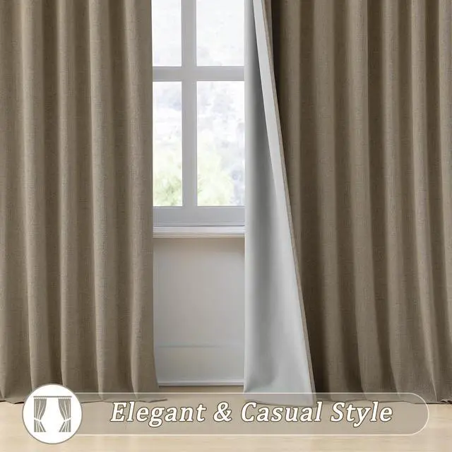 Alt view image 4 of 7 - Linen Brown Room Darkening Curtains for Living Room,Pinch Pleated Back Tab Drapes with Hooks,Linen Burlap Thermal Insulated Noise Reducing Window Curtain Panels for Bedroom,W50 x L96, 2 Panels
