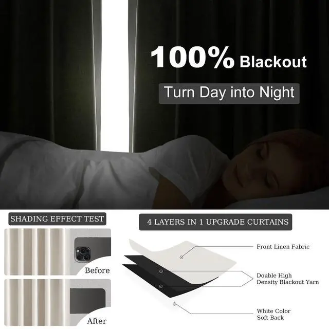 Alt view image 6 of 7 - 90 Inches Long Full Blackout Linen Curtains for Bedroom, Pinch Pleat Black Out Curtains, Viral Farmhouse Modern Lined Track Drapes 2 Panels Set for Living Room Sliding Door Winter