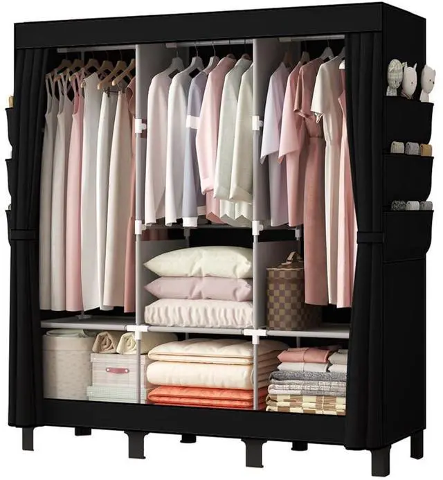 Main image of Portable Closet, 51.18" Large Capacity Clothing Storage Organizer with 3 Hanging Rods 6 Shelves 18 Side Pockets, Dustproof Sturdy Wardrobe for Bedroom Dorm Rental Apartment(Black, Large)