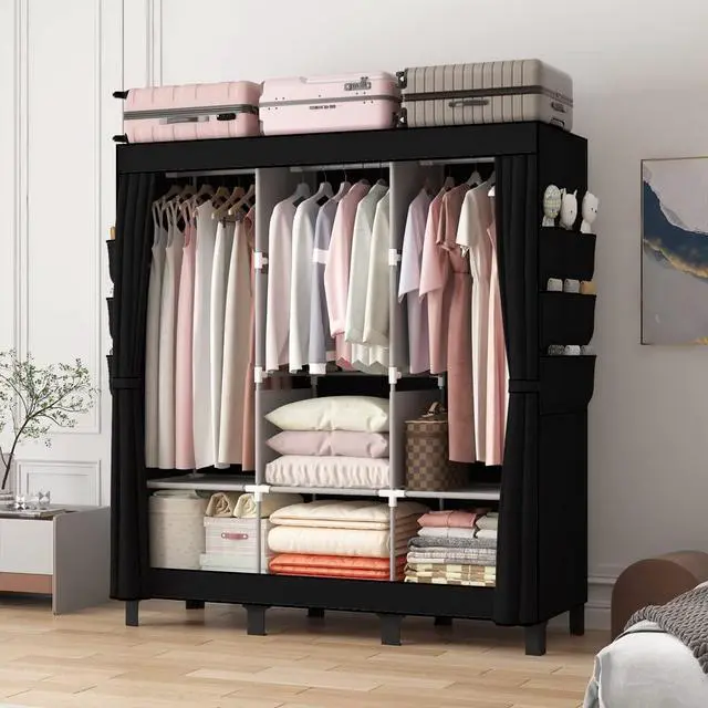 Alt view image 2 of 7 - Portable Closet, 51.18" Large Capacity Clothing Storage Organizer with 3 Hanging Rods 6 Shelves 18 Side Pockets, Dustproof Sturdy Wardrobe for Bedroom Dorm Rental Apartment(Black, Large)