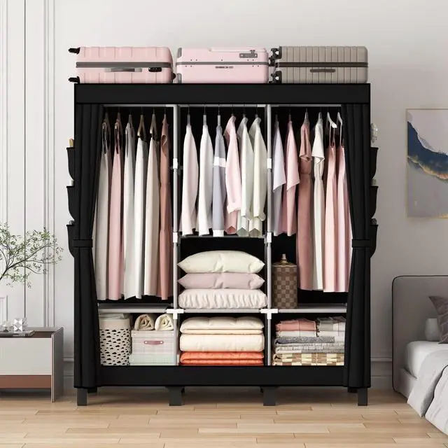 Alt view image 3 of 7 - Portable Closet, 51.18" Large Capacity Clothing Storage Organizer with 3 Hanging Rods 6 Shelves 18 Side Pockets, Dustproof Sturdy Wardrobe for Bedroom Dorm Rental Apartment(Black, Large)