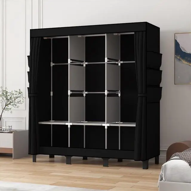 Alt view image 4 of 7 - Portable Closet, 51.18" Large Capacity Clothing Storage Organizer with 3 Hanging Rods 6 Shelves 18 Side Pockets, Dustproof Sturdy Wardrobe for Bedroom Dorm Rental Apartment(Black, Large)