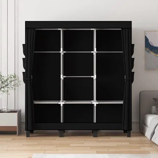 Alt view image 5 of 7 - Portable Closet, 51.18" Large Capacity Clothing Storage Organizer with 3 Hanging Rods 6 Shelves 18 Side Pockets, Dustproof Sturdy Wardrobe for Bedroom Dorm Rental Apartment(Black, Large)