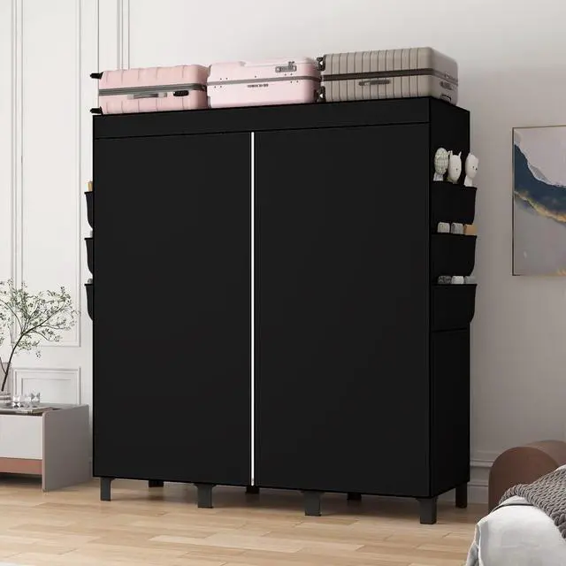 Alt view image 6 of 7 - Portable Closet, 51.18" Large Capacity Clothing Storage Organizer with 3 Hanging Rods 6 Shelves 18 Side Pockets, Dustproof Sturdy Wardrobe for Bedroom Dorm Rental Apartment(Black, Large)