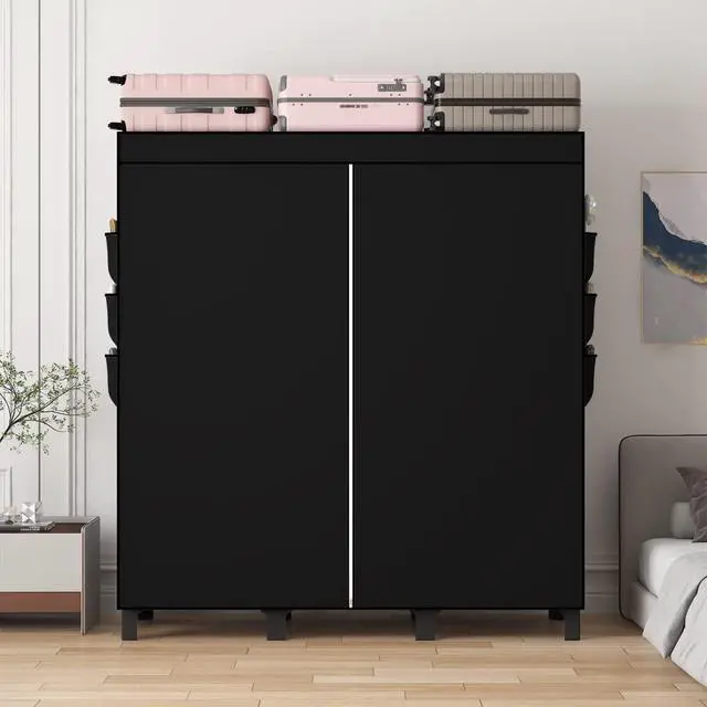 Alt view image 7 of 7 - Portable Closet, 51.18" Large Capacity Clothing Storage Organizer with 3 Hanging Rods 6 Shelves 18 Side Pockets, Dustproof Sturdy Wardrobe for Bedroom Dorm Rental Apartment(Black, Large)