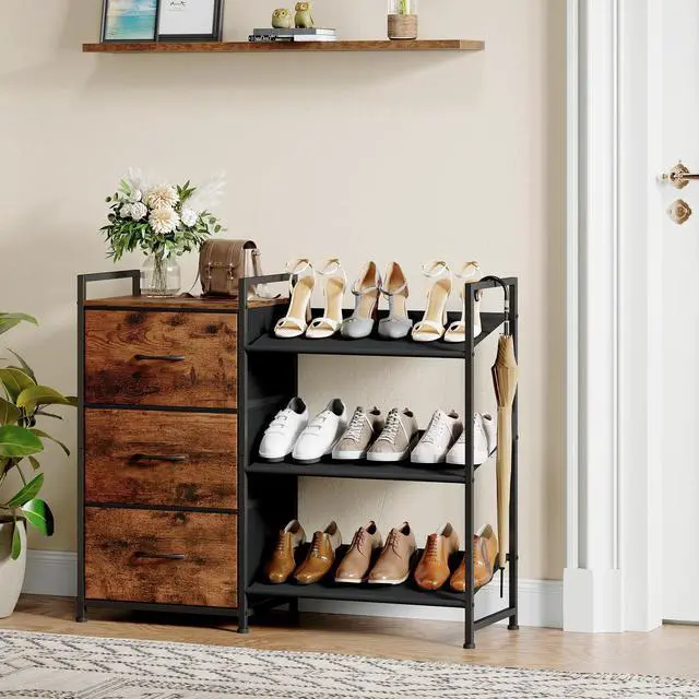 Alt view image 2 of 7 - Shoe Rack, 3 Tier Shoe Organizer with 3 Drawers, Metal Shoe Storage Shelf for 6-9 Pairs of Shoes with Fabric Shelves and Wooden Top, Narrow Shoe Rack for Entryway, Wood Grain Print