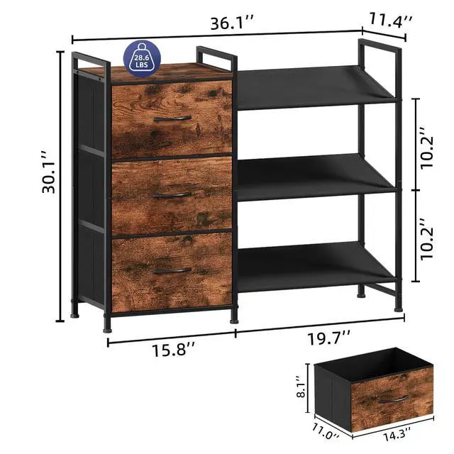 Alt view image 3 of 7 - Shoe Rack, 3 Tier Shoe Organizer with 3 Drawers, Metal Shoe Storage Shelf for 6-9 Pairs of Shoes with Fabric Shelves and Wooden Top, Narrow Shoe Rack for Entryway, Wood Grain Print