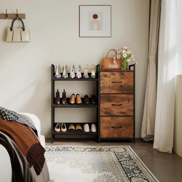 Alt view image 4 of 7 - Shoe Rack, 3 Tier Shoe Organizer with 3 Drawers, Metal Shoe Storage Shelf for 6-9 Pairs of Shoes with Fabric Shelves and Wooden Top, Narrow Shoe Rack for Entryway, Wood Grain Print