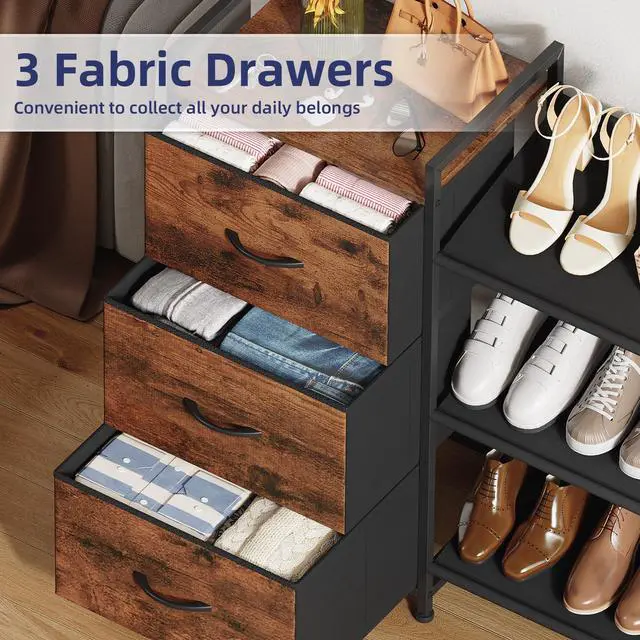 Alt view image 5 of 7 - Shoe Rack, 3 Tier Shoe Organizer with 3 Drawers, Metal Shoe Storage Shelf for 6-9 Pairs of Shoes with Fabric Shelves and Wooden Top, Narrow Shoe Rack for Entryway, Wood Grain Print
