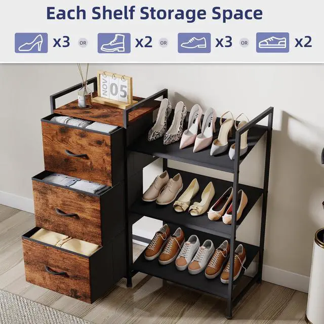 Alt view image 6 of 7 - Shoe Rack, 3 Tier Shoe Organizer with 3 Drawers, Metal Shoe Storage Shelf for 6-9 Pairs of Shoes with Fabric Shelves and Wooden Top, Narrow Shoe Rack for Entryway, Wood Grain Print