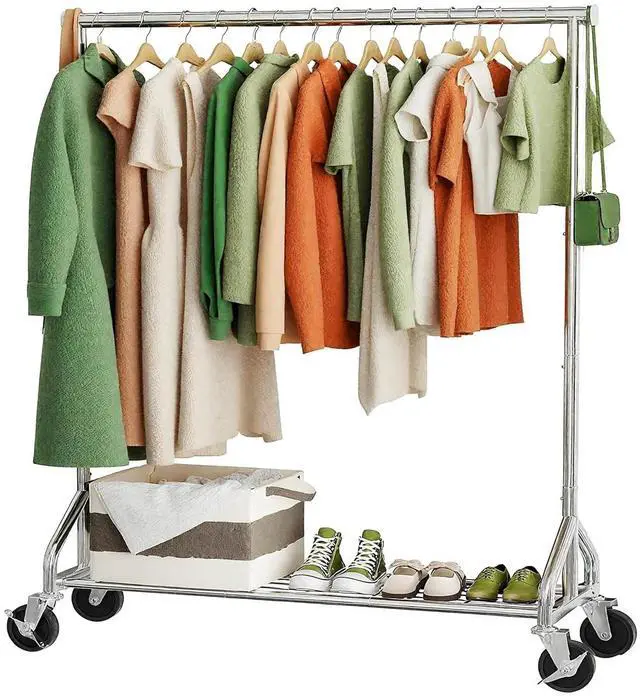 Main image of Heavy Duty Rolling Clothes Rack with Wheels and Shelves, 450 lbs Capacity, Portable Garment Rack for Hanging Clothes, Standing Wardrobe for Closet, Bedroom, Commercial Use, Chrome