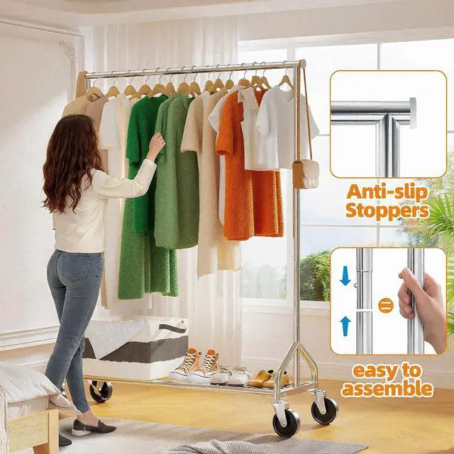 Alt view image 2 of 7 - Heavy Duty Rolling Clothes Rack with Wheels and Shelves, 450 lbs Capacity, Portable Garment Rack for Hanging Clothes, Standing Wardrobe for Closet, Bedroom, Commercial Use, Chrome