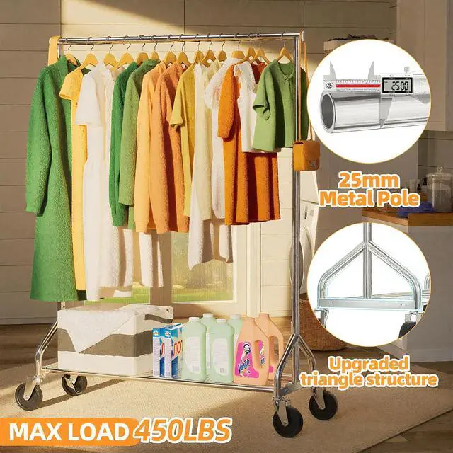 Alt view image 3 of 7 - Heavy Duty Rolling Clothes Rack with Wheels and Shelves, 450 lbs Capacity, Portable Garment Rack for Hanging Clothes, Standing Wardrobe for Closet, Bedroom, Commercial Use, Chrome