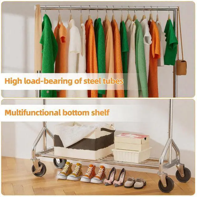 Alt view image 4 of 7 - Heavy Duty Rolling Clothes Rack with Wheels and Shelves, 450 lbs Capacity, Portable Garment Rack for Hanging Clothes, Standing Wardrobe for Closet, Bedroom, Commercial Use, Chrome