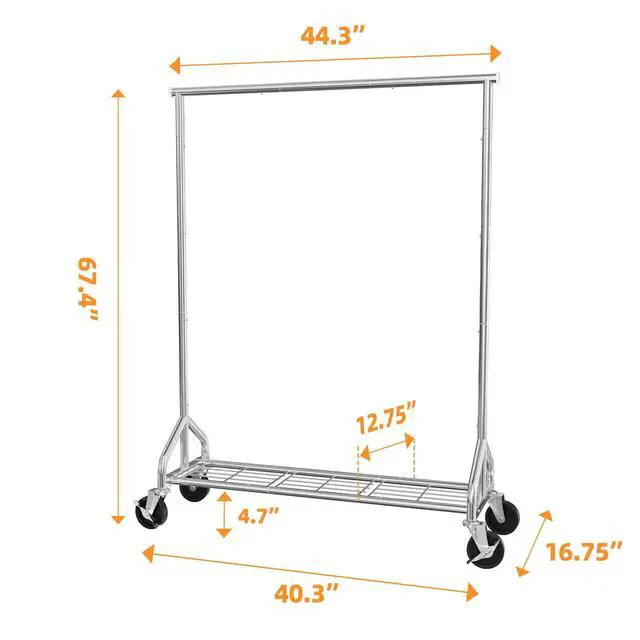 Alt view image 7 of 7 - Heavy Duty Rolling Clothes Rack with Wheels and Shelves, 450 lbs Capacity, Portable Garment Rack for Hanging Clothes, Standing Wardrobe for Closet, Bedroom, Commercial Use, Chrome