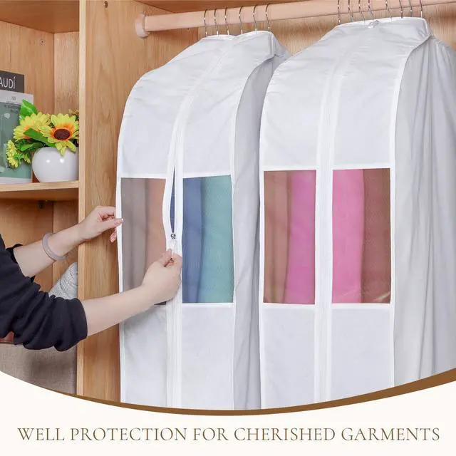 Alt view image 5 of 7 - Premium Cotton Garment Bags for Hanging Clothes and Storage, 60 Inch Washable Dress Bags for Gowns Long, Full Zipper Dust Cover with Extra Large 10" Gusset & Clear Window - 2 Pack