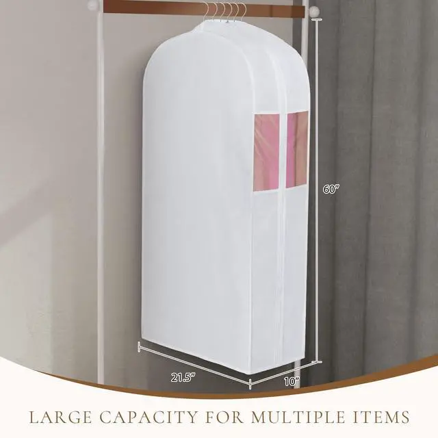 Alt view image 6 of 7 - Premium Cotton Garment Bags for Hanging Clothes and Storage, 60 Inch Washable Dress Bags for Gowns Long, Full Zipper Dust Cover with Extra Large 10" Gusset & Clear Window - 2 Pack