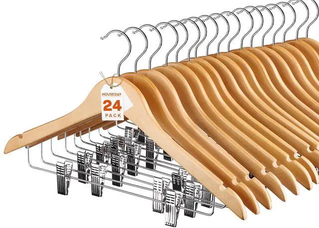 Main image of 24 Pack High-Grade Wooden Suit Hangers Skirt Hangers with Clips Solid Wood Pants Hanger Natural Smooth Finish Premium Wood Hanger with Durable Metal Clips for Blouse, Dress, Coat, Jacket