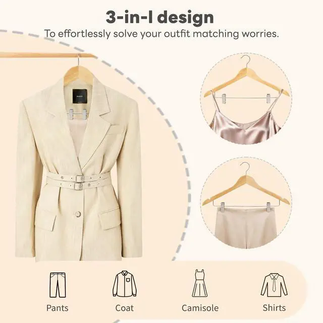 Alt view image 2 of 7 - 24 Pack High-Grade Wooden Suit Hangers Skirt Hangers with Clips Solid Wood Pants Hanger Natural Smooth Finish Premium Wood Hanger with Durable Metal Clips for Blouse, Dress, Coat, Jacket